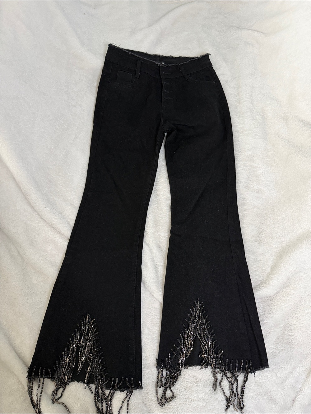 Black Beaded Fringe Wide-Leg Jeans - Women